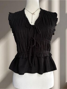 Black Ruffled Tie-Front Women's Top